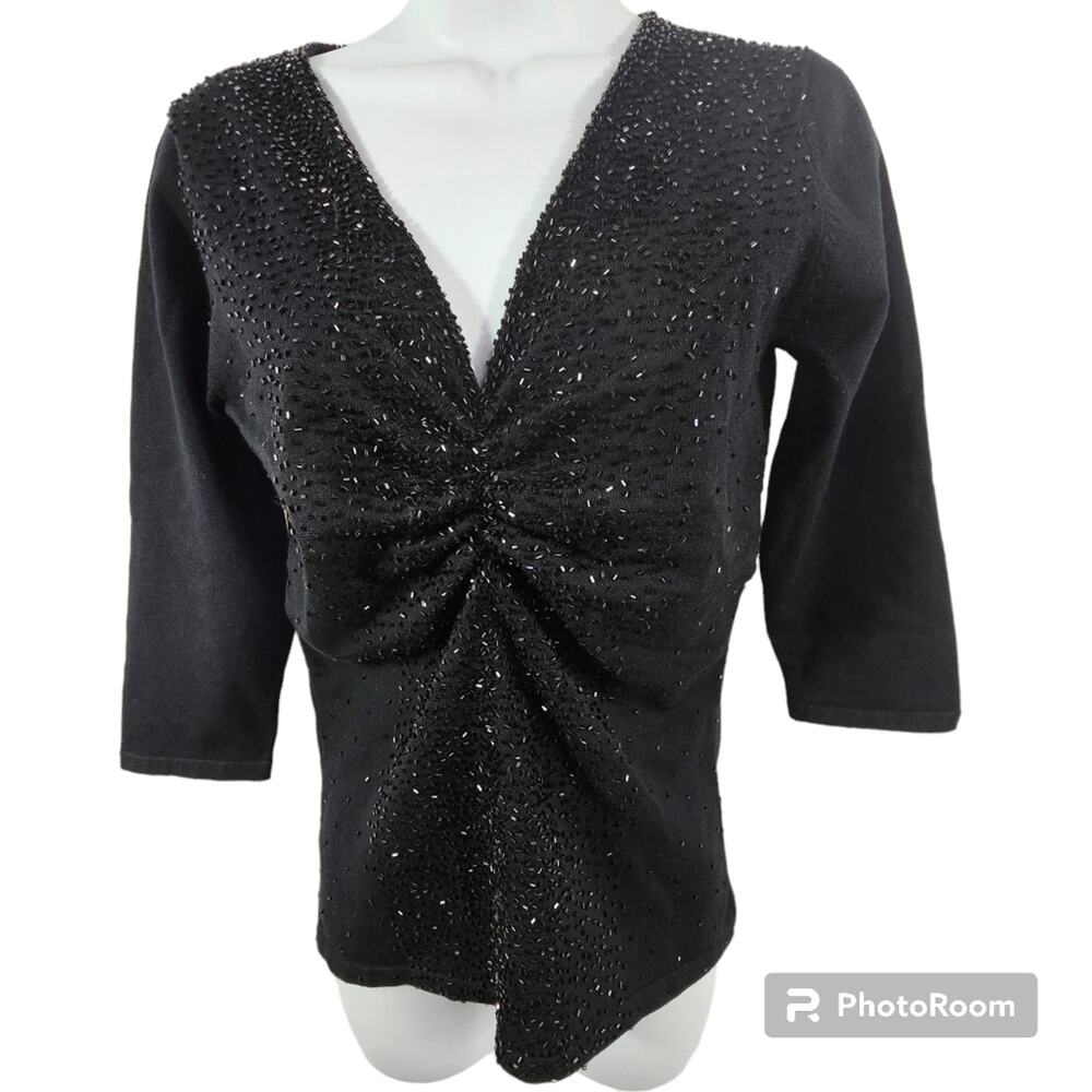 My Favorite Things Colleen Lopez Black Beaded 3/4 Sleeve V-neck Sweater XS
